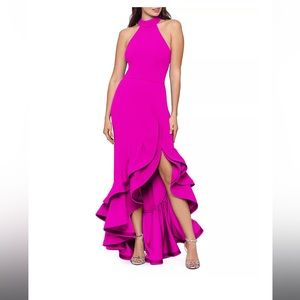 Aqua Racerback Ruffle Hem Gown